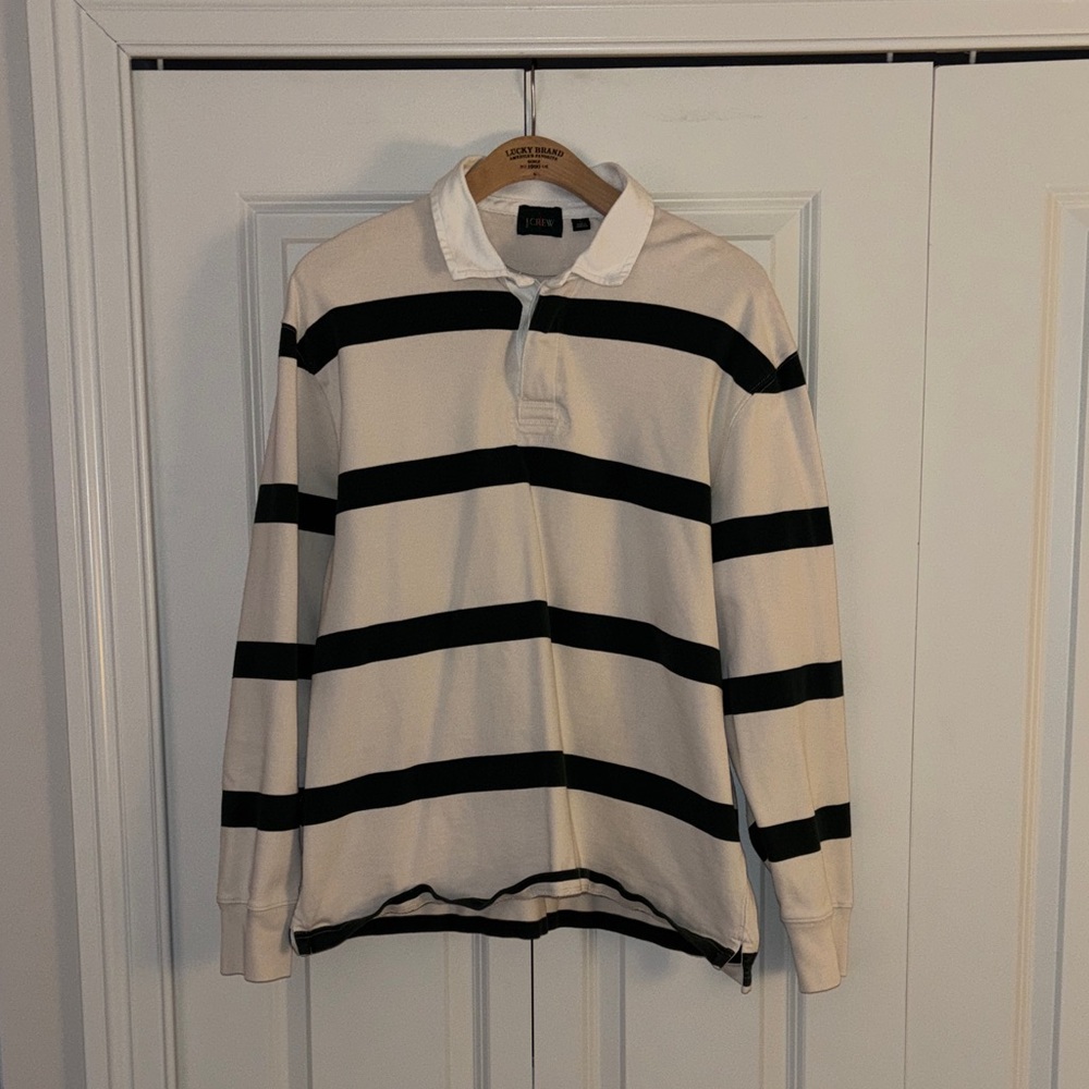J. Crew Men's Green and White Rugby Shirt
